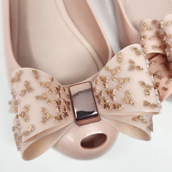 Melissa Ultragirl Sweet XVI Flats Women 9 Blush Pink Gold Accent Double Bow Peep - Picture 6 of 15